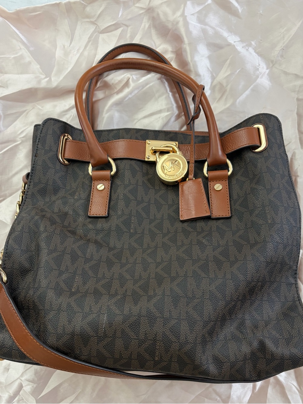 Michael Kors Dark Brown Logo Tote with Tan Leather Trim and Gold Hardware